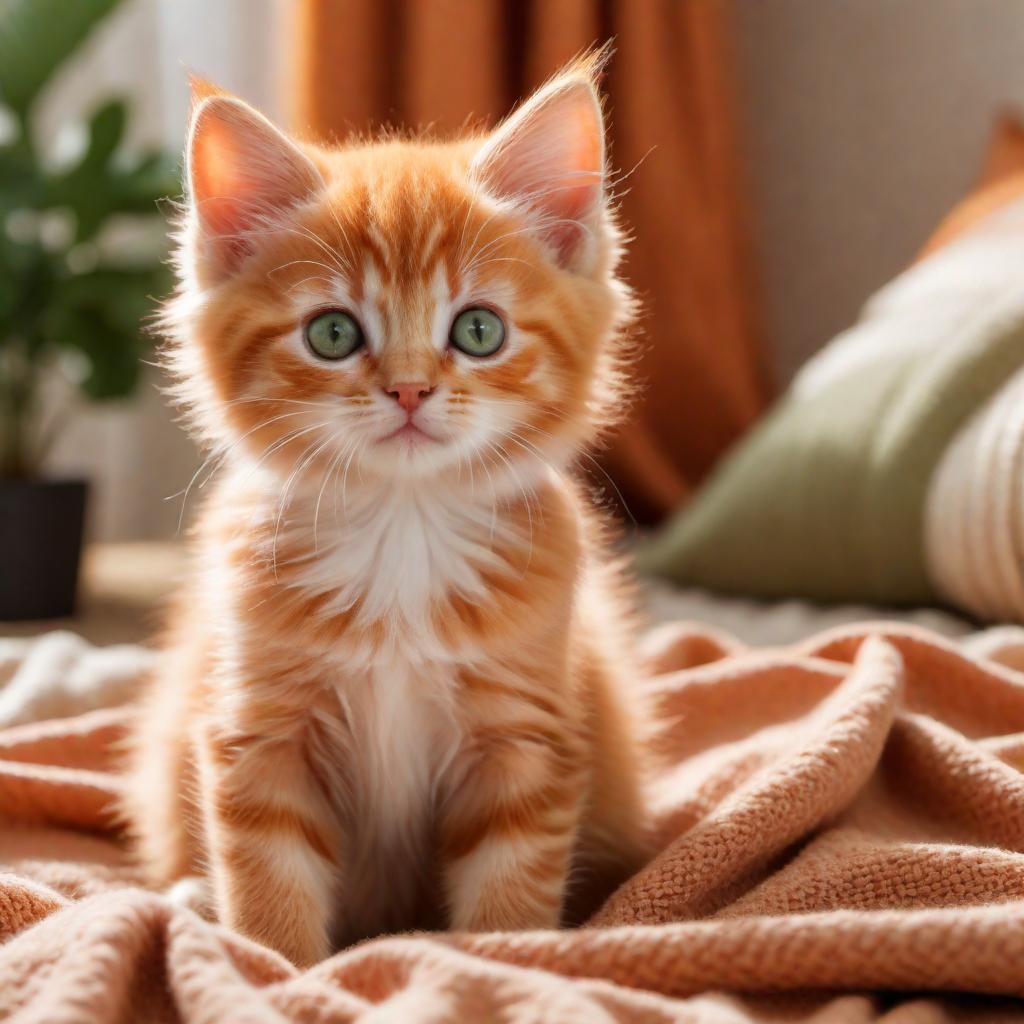  An adorable orange kitten with soft fur, big green eyes, and playful expression, sitting on a cozy blanket in a warm and well-lit room hyperrealistic, full body, detailed clothing, highly detailed, cinematic lighting, stunningly beautiful, intricate, sharp focus, f/1. 8, 85mm, (centered image composition), (professionally color graded), ((bright soft diffused light)), volumetric fog, trending on instagram, trending on tumblr, HDR 4K, 8K