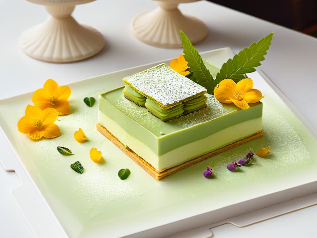  A closeup, ultradetailed image of a delicate dessert plate showcasing a fusion of traditional French pastry techniques with Japanese flavors and presentation. The dessert features a meticulously crafted matcha green tea millefeuille with layers of flaky pastry and light green teainfused cream, garnished with edible flowers and gold leaf accents, elegantly placed on a sleek, modern plate with subtle geometric patterns. The image captures the intricate textures, vibrant colors, and exquisite details of the dessert, highlighting the fusion of culinary traditions in a visually striking and minimalist composition. hyperrealistic, full body, detailed clothing, highly detailed, cinematic lighting, stunningly beautiful, intricate, sharp focus, f/1. 8, 85mm, (centered image composition), (professionally color graded), ((bright soft diffused light)), volumetric fog, trending on instagram, trending on tumblr, HDR 4K, 8K