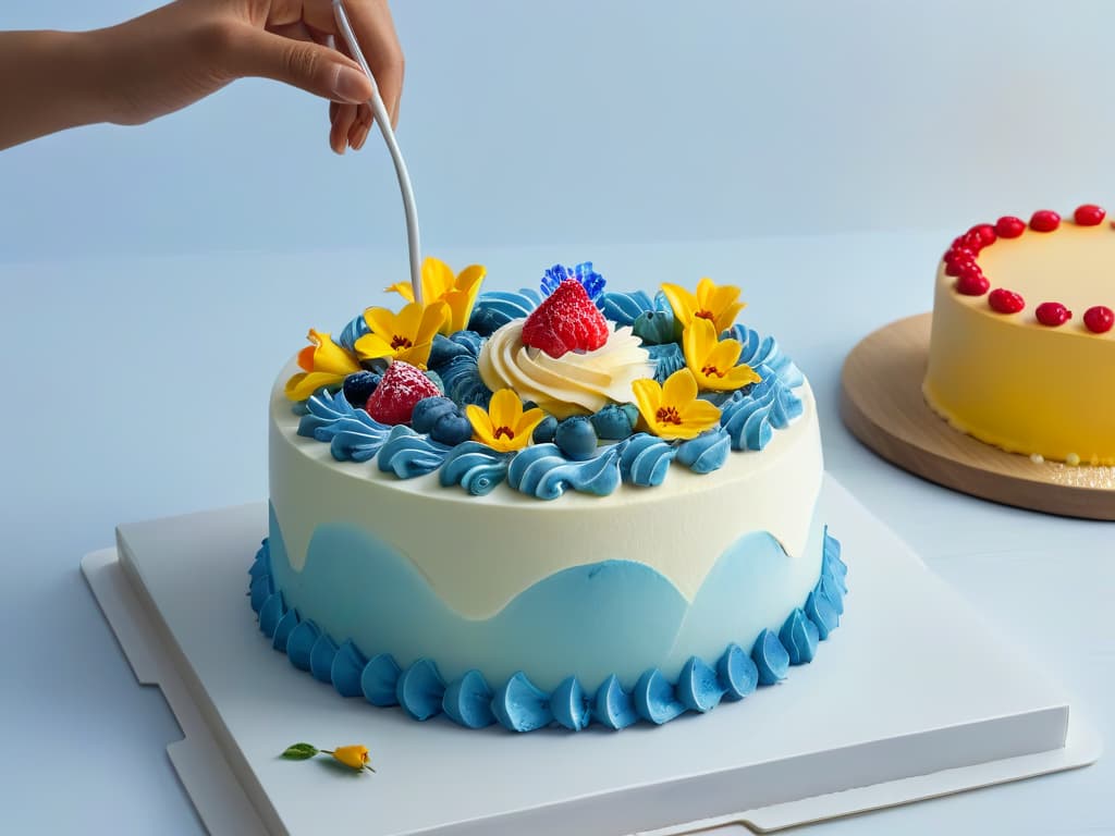  An ultradetailed image of a sleek, futuristic smartphone displaying a vibrant, interactive augmented reality cake decorating app. The app features photorealistic 3D cake models with customizable frosting colors and textures, alongside intricate virtual decorations like edible flowers and shimmering sprinkles. The smartphone's screen shows a user's hands using intuitive gestures to virtually place and design the cake elements, creating a visually stunning and appetizing dessert masterpiece. The overall aesthetic is clean, modern, and visually captivating, highlighting the seamless integration of technology and creativity in the world of augmented reality baking apps. hyperrealistic, full body, detailed clothing, highly detailed, cinematic lighting, stunningly beautiful, intricate, sharp focus, f/1. 8, 85mm, (centered image composition), (professionally color graded), ((bright soft diffused light)), volumetric fog, trending on instagram, trending on tumblr, HDR 4K, 8K