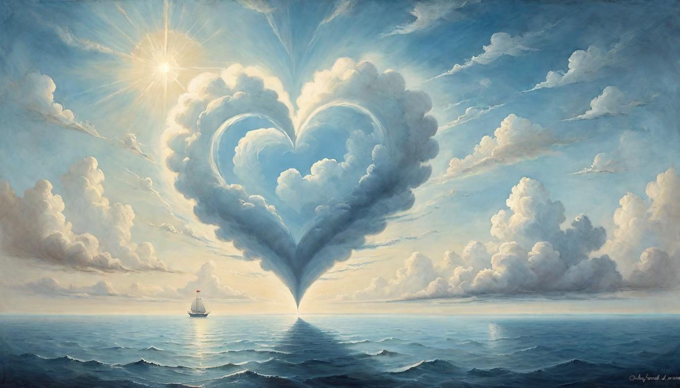  on parchment, surrealism+++, A vast, open sky stretching over a calm sea, a single heart shaped cloud among others, radiating beams of light, unconditional love, expansiveness, serene horizon, sky and sea blend in a tranquil harmony, inviting introspection(mysterious, provocative, symbolic,muted color)+++