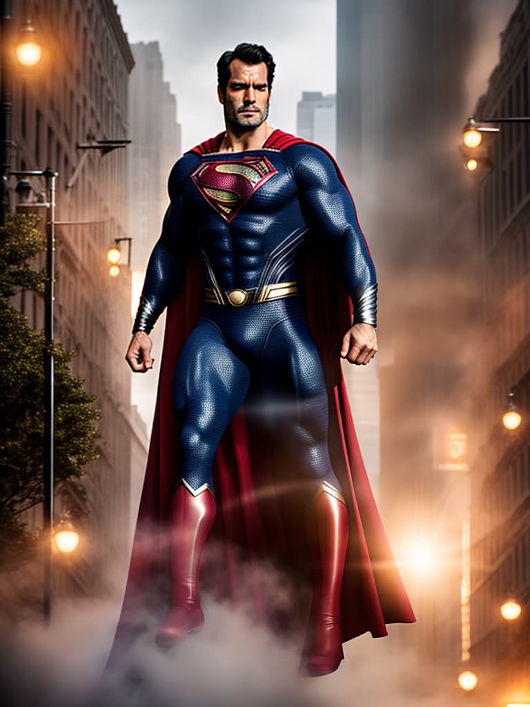  Superman Cinematic poster hyperrealistic, full body, detailed clothing, highly detailed, cinematic lighting, stunningly beautiful, intricate, sharp focus, f/1. 8, 85mm, (centered image composition), (professionally color graded), ((bright soft diffused light)), volumetric fog, trending on instagram, trending on tumblr, HDR 4K, 8K