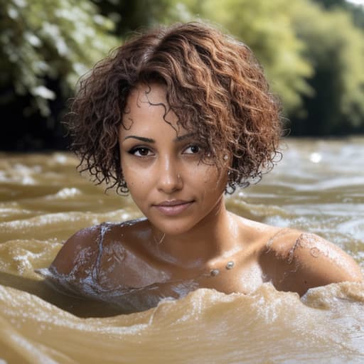  tanned woman's head with short and curly hair drowning in the river