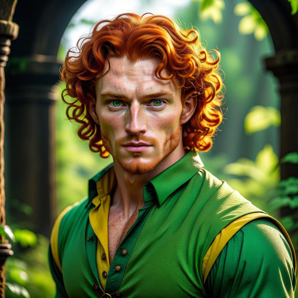  Man, fair skin, Hazel eyes, Red hair, Curly hair, Short hair, Fantasy, yellow green shirt, freckles, moles, Stubble, freckles, freckled, average age, medieval hyperrealistic, full body, detailed clothing, highly detailed, cinematic lighting, stunningly beautiful, intricate, sharp focus, f/1. 8, 85mm, (centered image composition), (professionally color graded), ((bright soft diffused light)), volumetric fog, trending on instagram, trending on tumblr, HDR 4K, 8K