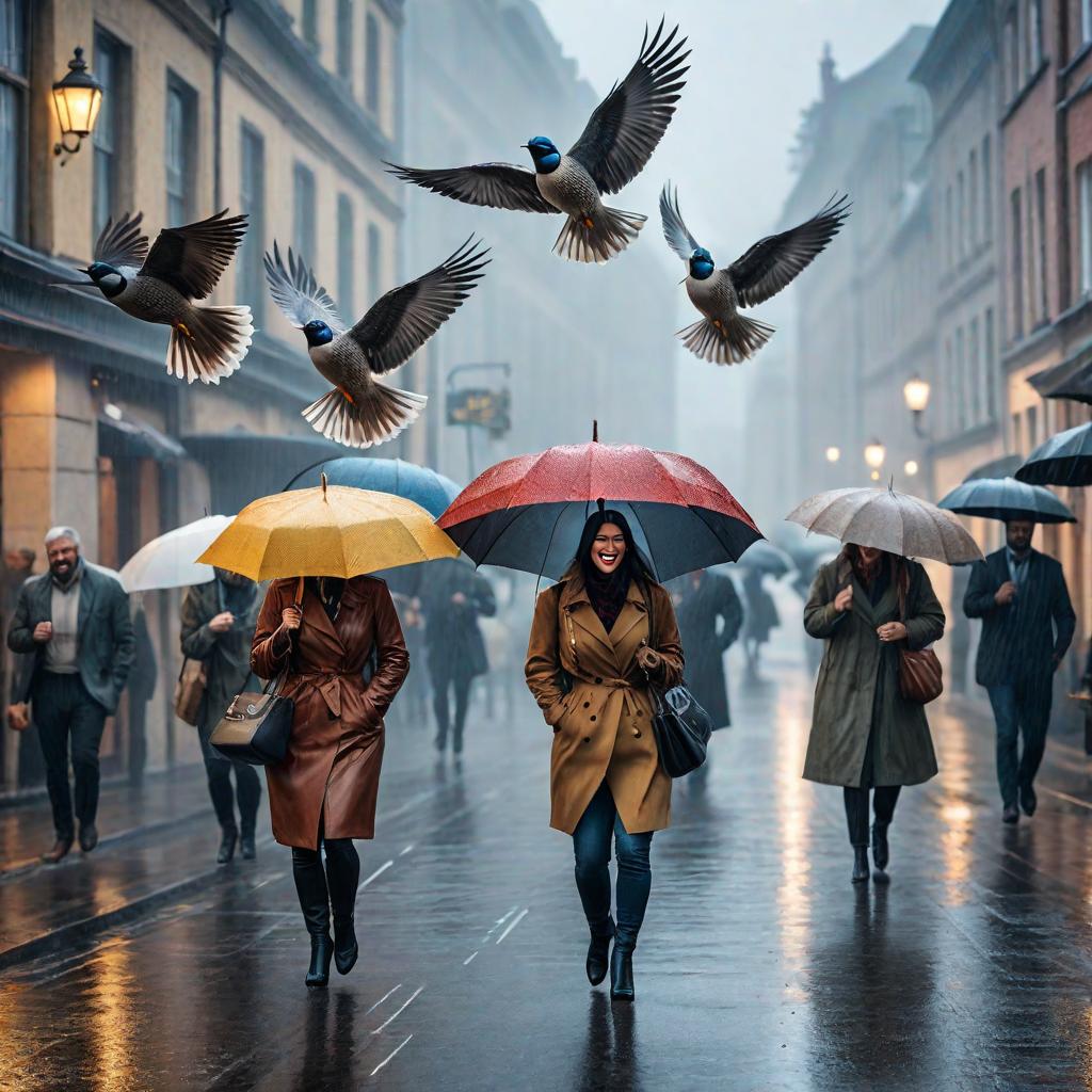  Happy birds flying on a rainy day. hyperrealistic, full body, detailed clothing, highly detailed, cinematic lighting, stunningly beautiful, intricate, sharp focus, f/1. 8, 85mm, (centered image composition), (professionally color graded), ((bright soft diffused light)), volumetric fog, trending on instagram, trending on tumblr, HDR 4K, 8K