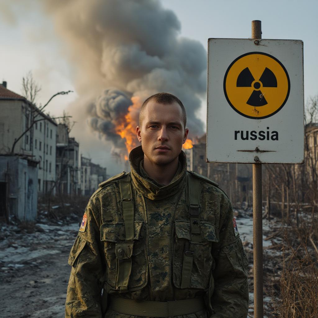  ultra high quality, very detailed , russian city destroyed by nuclear disaster , buildings on fires , man soldier looking at camera , wearing a poland military suit with no helmet standing near city white sign with the text 'russia' written on it , nuclear warning sign,