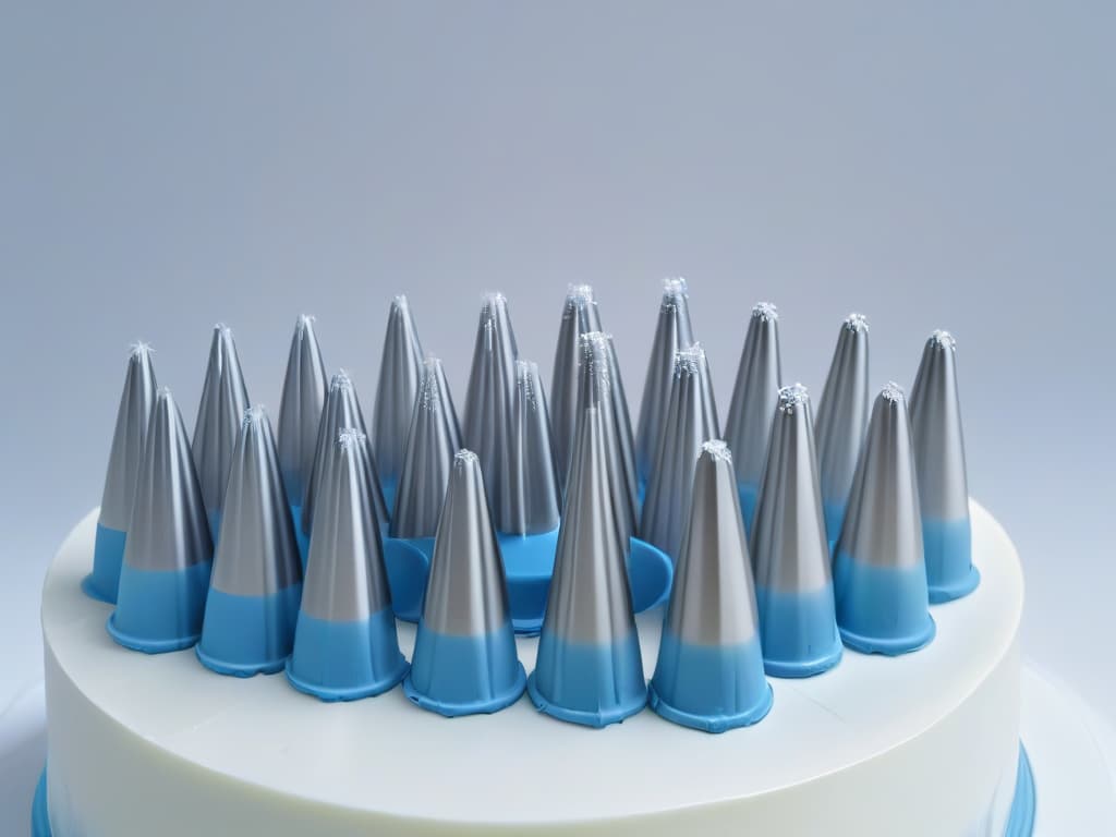  An ultradetailed image of a set of highquality cake decorating nozzles arranged neatly on a sleek, minimalistic white background. The nozzles are gleaming with precision engineering, showcasing a variety of shapes and sizes for creating intricate designs on cakes. Each nozzle is strategically placed to highlight its unique features, capturing the essence of professional cake decoration tools in a visually appealing and inspiring manner. hyperrealistic, full body, detailed clothing, highly detailed, cinematic lighting, stunningly beautiful, intricate, sharp focus, f/1. 8, 85mm, (centered image composition), (professionally color graded), ((bright soft diffused light)), volumetric fog, trending on instagram, trending on tumblr, HDR 4K, 8K