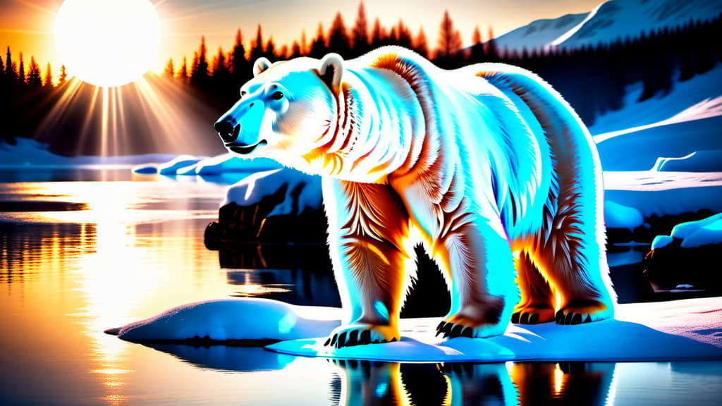  A magnificent polar bear immersed in its Arctic environment, its transparent fur with a hollow core reflecting sunlight.  , ((realistic)), ((masterpiece)), focus on detailed clothing and atmosphere of the surroundings. Soft and natural lights.