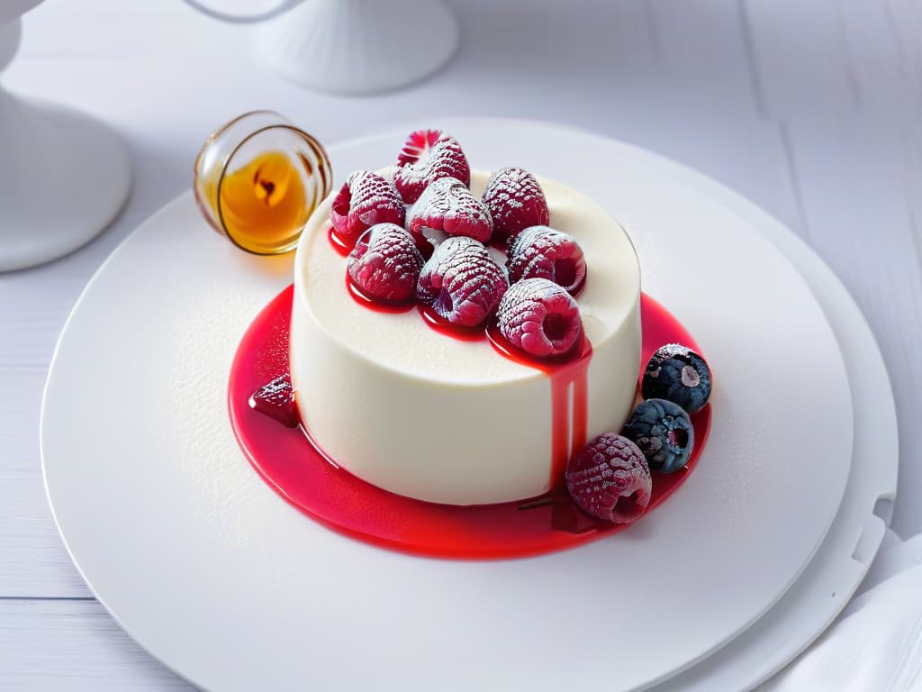  A closeup, ultradetailed image of a perfectly set Panna Cotta dessert topped with a vibrant and glossy raspberry coulis, elegantly drizzled in a minimalistic swirl pattern. The creamy texture of the Panna Cotta contrasts beautifully with the bright red hue of the coulis, showcasing the luxurious and indulgent nature of this dessert. The lighting captures the glossy sheen of the coulis and highlights the smooth surface of the Panna Cotta, creating a visually striking and appetizing composition. hyperrealistic, full body, detailed clothing, highly detailed, cinematic lighting, stunningly beautiful, intricate, sharp focus, f/1. 8, 85mm, (centered image composition), (professionally color graded), ((bright soft diffused light)), volumetric fog, trending on instagram, trending on tumblr, HDR 4K, 8K