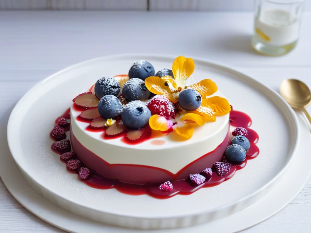  A closeup, ultradetailed photograph of a beautifully plated dessert featuring a delicate balance of fermented elements such as a tangy yogurt parfait topped with a swirl of kombuchainfused berry coulis, garnished with edible flowers and a sprinkle of probioticrich kefir granola. The dessert sits on a sleek, modern white plate, set against a soft, blurred background that highlights the intricate textures and vibrant colors of the dish. hyperrealistic, full body, detailed clothing, highly detailed, cinematic lighting, stunningly beautiful, intricate, sharp focus, f/1. 8, 85mm, (centered image composition), (professionally color graded), ((bright soft diffused light)), volumetric fog, trending on instagram, trending on tumblr, HDR 4K, 8K