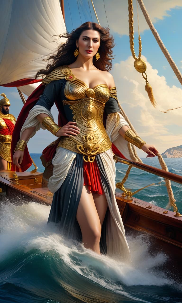  (digital painting) Black Sea, ancient times, Greece, gallery ship, white sail, excursions, the Golden Fleece emblem on the sail, Athens hyperrealistic, full body, detailed clothing, highly detailed, cinematic lighting, stunningly beautiful, intricate, sharp focus, f/1. 8, 85mm, (centered image composition), (professionally color graded), ((bright soft diffused light)), volumetric fog, trending on instagram, trending on tumblr, HDR 4K, 8K