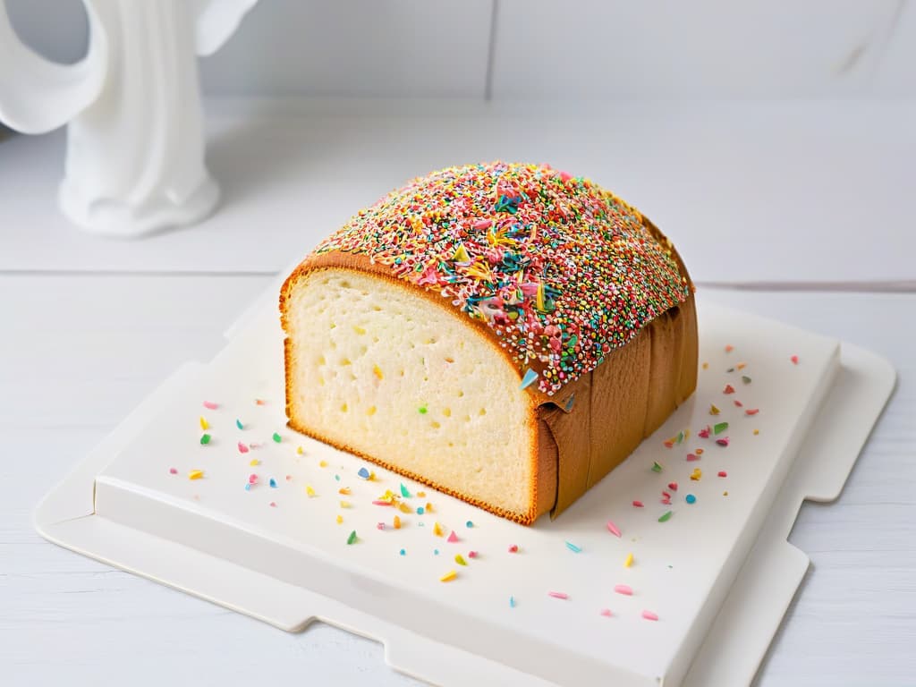  A highresolution, minimalist image of a colorful plate adorned with slices of fairy bread, sprinkled with vibrant rainbow sprinkles and served on a clean, white background. The bread is perfectly cut into triangles, showcasing the delightful contrast of the colorful sprinkles against the white bread, creating an aesthetically pleasing and appetizing visual. hyperrealistic, full body, detailed clothing, highly detailed, cinematic lighting, stunningly beautiful, intricate, sharp focus, f/1. 8, 85mm, (centered image composition), (professionally color graded), ((bright soft diffused light)), volumetric fog, trending on instagram, trending on tumblr, HDR 4K, 8K