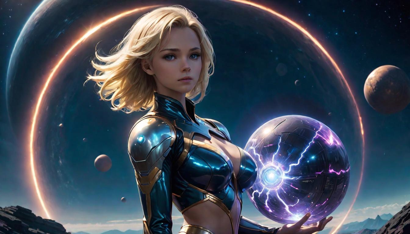  1girl, large busted attractive blonde arian female humanoid, standing at the edge of a cosmic pathway, holding a luminous sphere, theme of higher reality manifestation, high tech clothing clad in sleek, futuristic costume with metallic accents and form fitting designs, marvel superhero comics style, unreal engine rendering