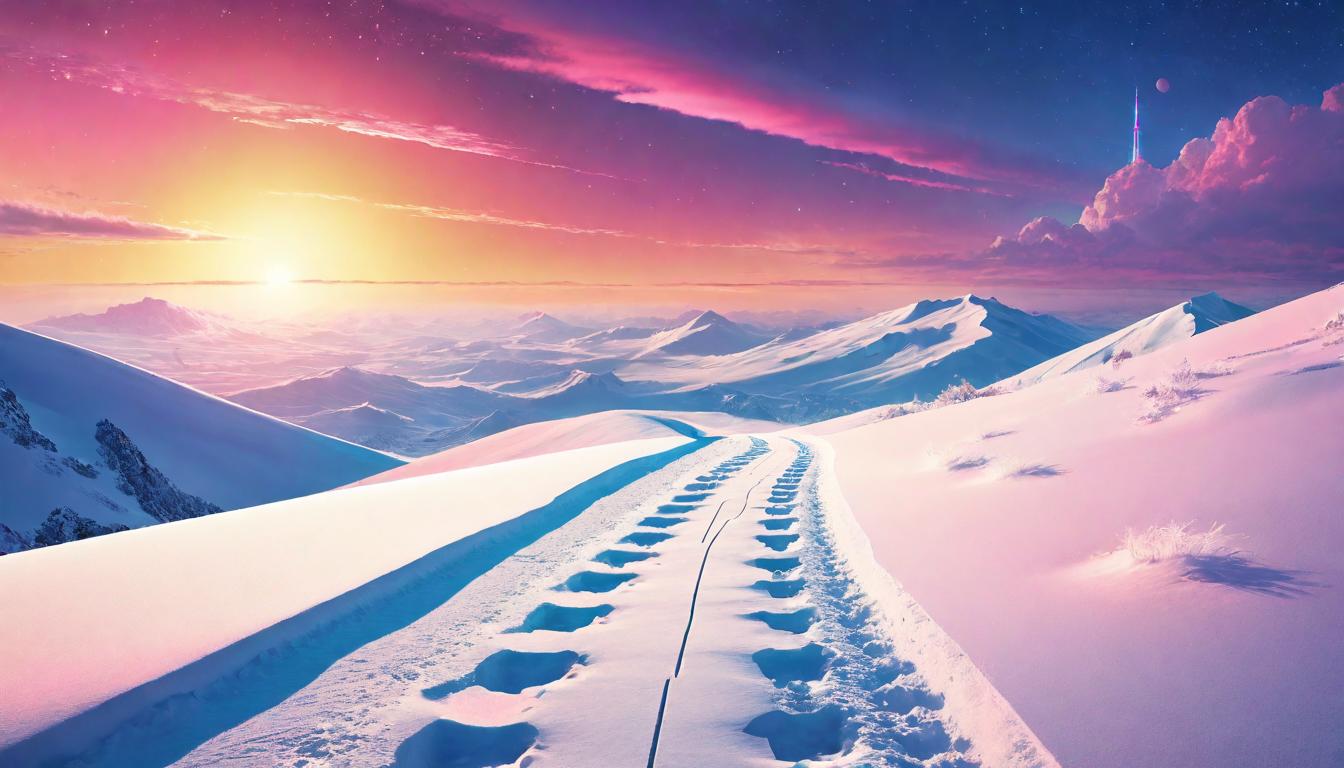  retro futuristic Footprints on a virgin snow path leading towards a glowing horizon, untouched landscapes on either side. Personal journey, pure potential, the first steps of change. lvintage sci fi, 50s and 60s style, atomic age, vibrant, highly detailed