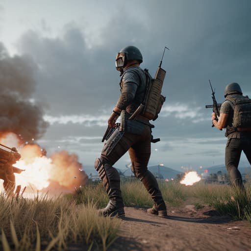  pubg player are fighting hyperrealistic, full body, detailed clothing, highly detailed, cinematic lighting, stunningly beautiful, intricate, sharp focus, f/1. 8, 85mm, (centered image composition), (professionally color graded), ((bright soft diffused light)), volumetric fog, trending on instagram, trending on tumblr, HDR 4K, 8K