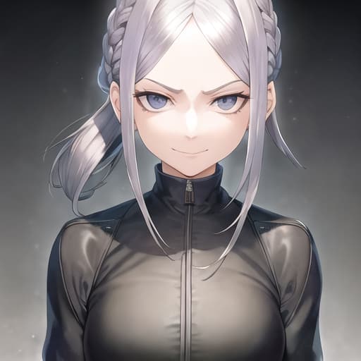  master piece , best quality,Poor girl with silver hair tucked back and a scowling smile.