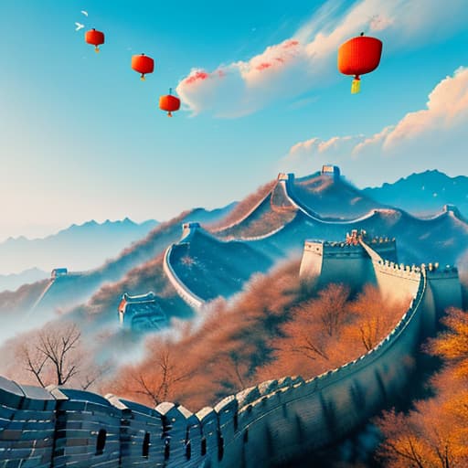  The Great Wall of China in the background, pictures of Chinese dragons in the sky,