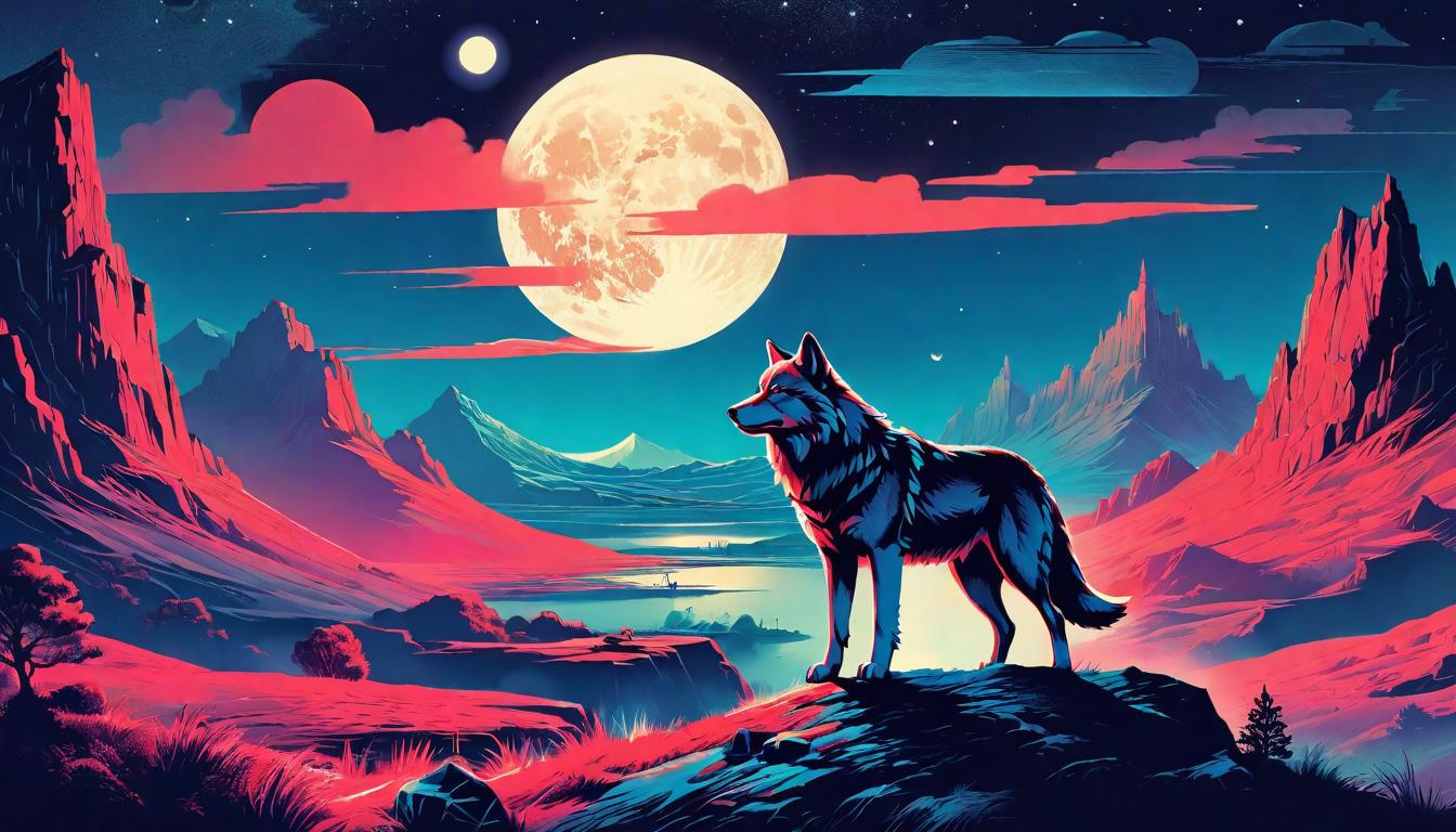  retro futuristic A wolf standing atop a hill under the moonlight, a vast wilderness stretching beyond. Solitary wolf, moonlit solitude, untamed spirit, emblem of independence lvintage sci fi, 50s and 60s style, atomic age, vibrant, highly detailed