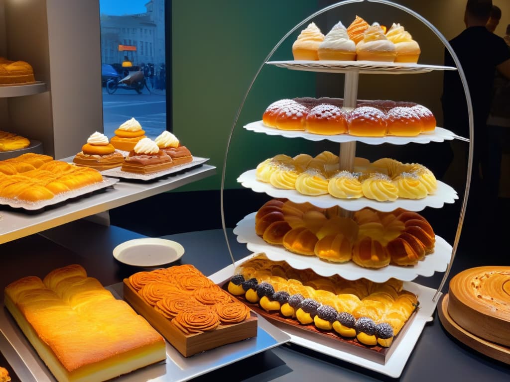  A photorealistic image of a vibrant bakery scene in postBerlin Wall Germany, showcasing a variety of traditional German pastries and desserts beautifully displayed on intricately decorated platters. The background features a diverse group of people happily interacting, symbolizing the impact of the fall of the Berlin Wall on intercultural exchange and the flourishing of German pastry artistry. hyperrealistic, full body, detailed clothing, highly detailed, cinematic lighting, stunningly beautiful, intricate, sharp focus, f/1. 8, 85mm, (centered image composition), (professionally color graded), ((bright soft diffused light)), volumetric fog, trending on instagram, trending on tumblr, HDR 4K, 8K