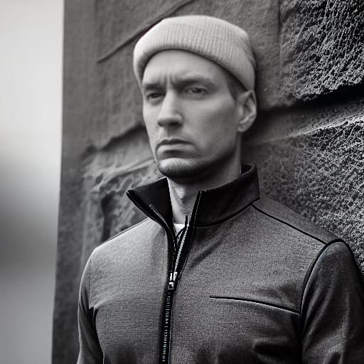  picture eminem 60 centuries later hyperrealistic, full body, detailed clothing, highly detailed, cinematic lighting, stunningly beautiful, intricate, sharp focus, f/1. 8, 85mm, (centered image composition), (professionally color graded), ((bright soft diffused light)), volumetric fog, trending on instagram, trending on tumblr, HDR 4K, 8K