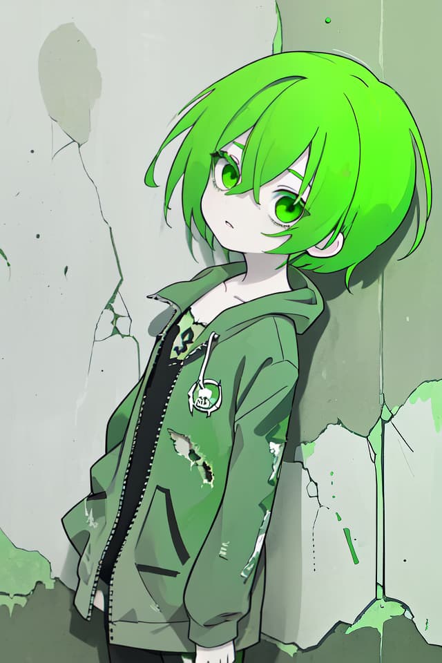  Green hair character that progresses forward, the background is decayed concrete wall