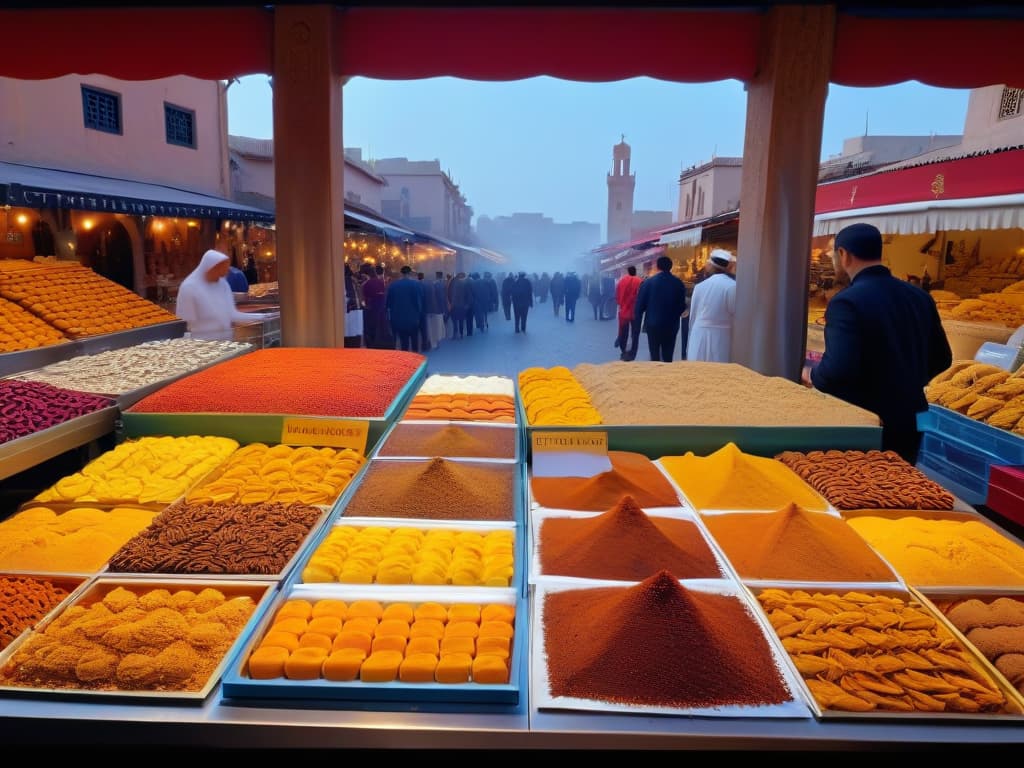  A photorealistic image of a bustling exotic market in Morocco, showcasing an array of vibrant, intricately decorated pastries and desserts unique to the region. The scene is filled with rich colors, aromatic spices, and skilled artisans crafting delicate sweet treats, evoking a sense of mystery and wonder around the secrets of pastrymaking in exotic destinations. hyperrealistic, full body, detailed clothing, highly detailed, cinematic lighting, stunningly beautiful, intricate, sharp focus, f/1. 8, 85mm, (centered image composition), (professionally color graded), ((bright soft diffused light)), volumetric fog, trending on instagram, trending on tumblr, HDR 4K, 8K