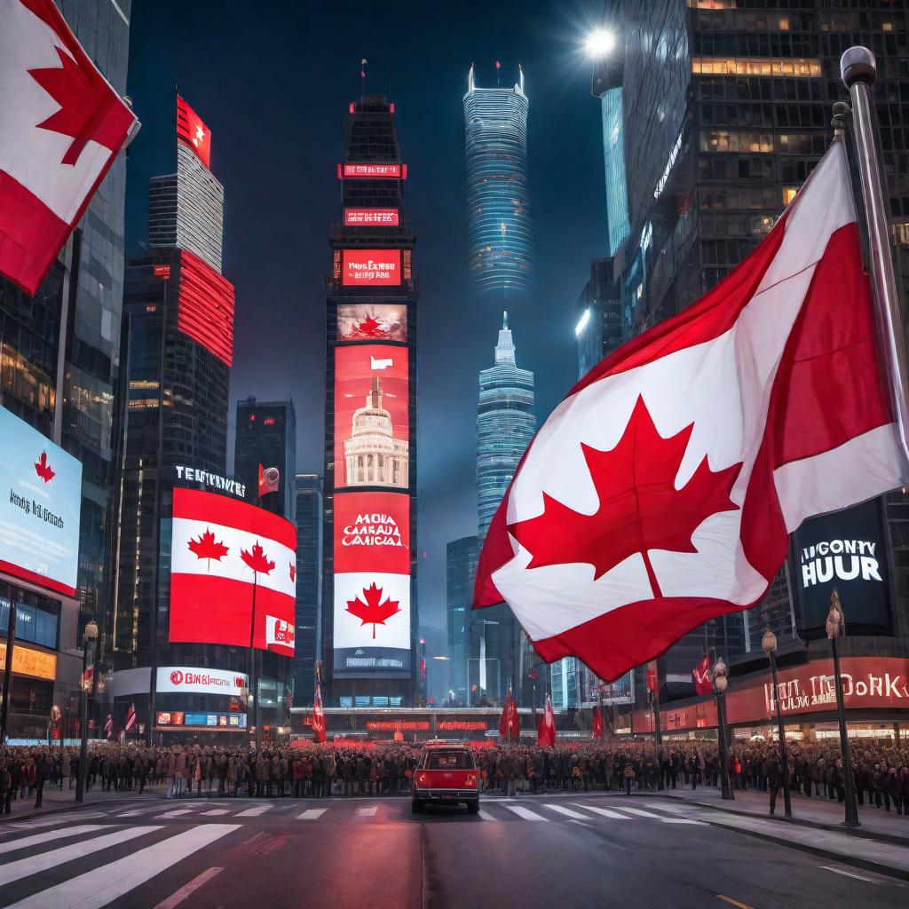  A billboard poster with a powerful and bold design showcasing the message: 'Canada Wins Again! America Had No Chance.' The background features Canadian and American flags, with the Canadian flag prominently displayed in a victory pose. Bold, eye-catching fonts with vibrant colors to highlight the message, giving a sense of triumph and sportsmanship. hyperrealistic, full body, detailed clothing, highly detailed, cinematic lighting, stunningly beautiful, intricate, sharp focus, f/1. 8, 85mm, (centered image composition), (professionally color graded), ((bright soft diffused light)), volumetric fog, trending on instagram, trending on tumblr, HDR 4K, 8K