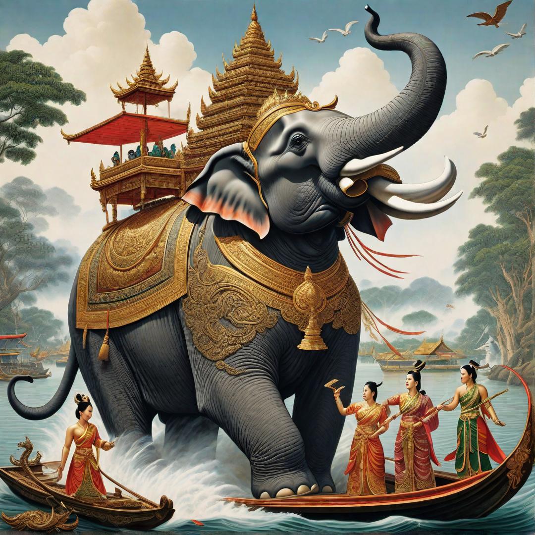  Story in Asian literature, Thailand: A giant elephant stands on the shore. eagle flying in the sky Giant snake on the water These animals were fighting in chaos. with a Thai-style deity in the sky Below was only one small boat sailing on the lake. On the boat were two beautiful women and a male servant, dressed in traditional period clothing. The people on the boat were fleeing from something hyperrealistic, full body, detailed clothing, highly detailed, cinematic lighting, stunningly beautiful, intricate, sharp focus, f/1. 8, 85mm, (centered image composition), (professionally color graded), ((bright soft diffused light)), volumetric fog, trending on instagram, trending on tumblr, HDR 4K, 8K