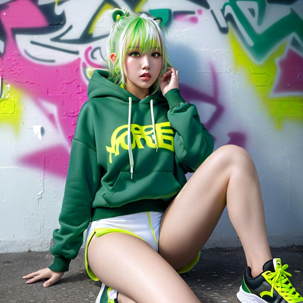  masterpiece, best quality, (detailed, masterpiece, 8k, 8k wallpaper), woman, posing, hoodie, sneakers, thigh highs, ((wordless clothes)), pink BREAK cyber city, korea idol face, beauty face, gym , shiny skin, huge , huge , perfect body, cyberpunk, street, graffiti on walls, neon lights, signs BREAK dark makeup, dark eyes, dark hair, fringe, bangs, (green, white, yellow:1.2), (graffiti wall:1.2), (very wide shot:1.2)