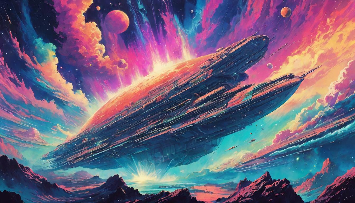  retro futuristic Echoing waves across a nebula, symbolizing the impact of actions across time and space. Cosmic ripples, inevitable return. Expansive, echoing. lvintage sci fi, 50s and 60s style, atomic age, vibrant, highly detailed