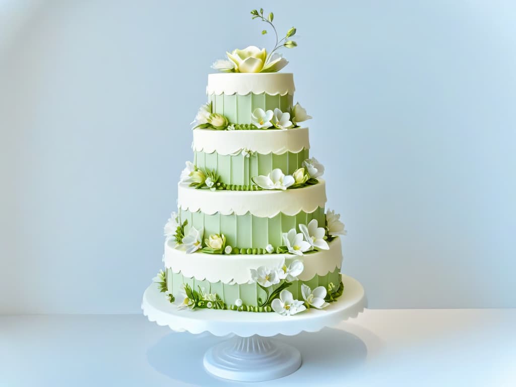  An ultradetailed image of a delicate, intricately designed threetiered cake, adorned with elegant sugar flowers and meticulous piping work. The cake sits on a sleek, modern cake stand against a clean, white background, showcasing the precision and artistry of advanced pastry techniques. hyperrealistic, full body, detailed clothing, highly detailed, cinematic lighting, stunningly beautiful, intricate, sharp focus, f/1. 8, 85mm, (centered image composition), (professionally color graded), ((bright soft diffused light)), volumetric fog, trending on instagram, trending on tumblr, HDR 4K, 8K