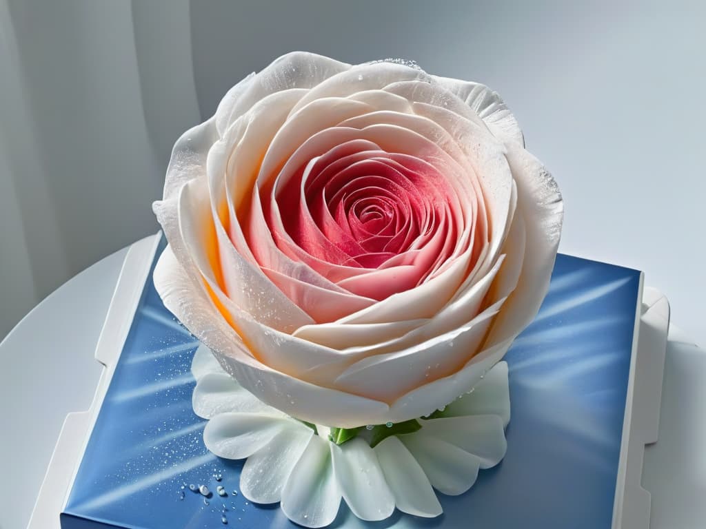  An ultradetailed closeup photograph of a delicate sugar sculpture, capturing the intricate details of the translucent petals on a rose, glistening with tiny sugar crystals under soft, natural lighting. The image showcases the ethereal beauty and craftsmanship of the sugar art, with each petal seemingly frozen in time, invoking a sense of wonder and fragility. hyperrealistic, full body, detailed clothing, highly detailed, cinematic lighting, stunningly beautiful, intricate, sharp focus, f/1. 8, 85mm, (centered image composition), (professionally color graded), ((bright soft diffused light)), volumetric fog, trending on instagram, trending on tumblr, HDR 4K, 8K