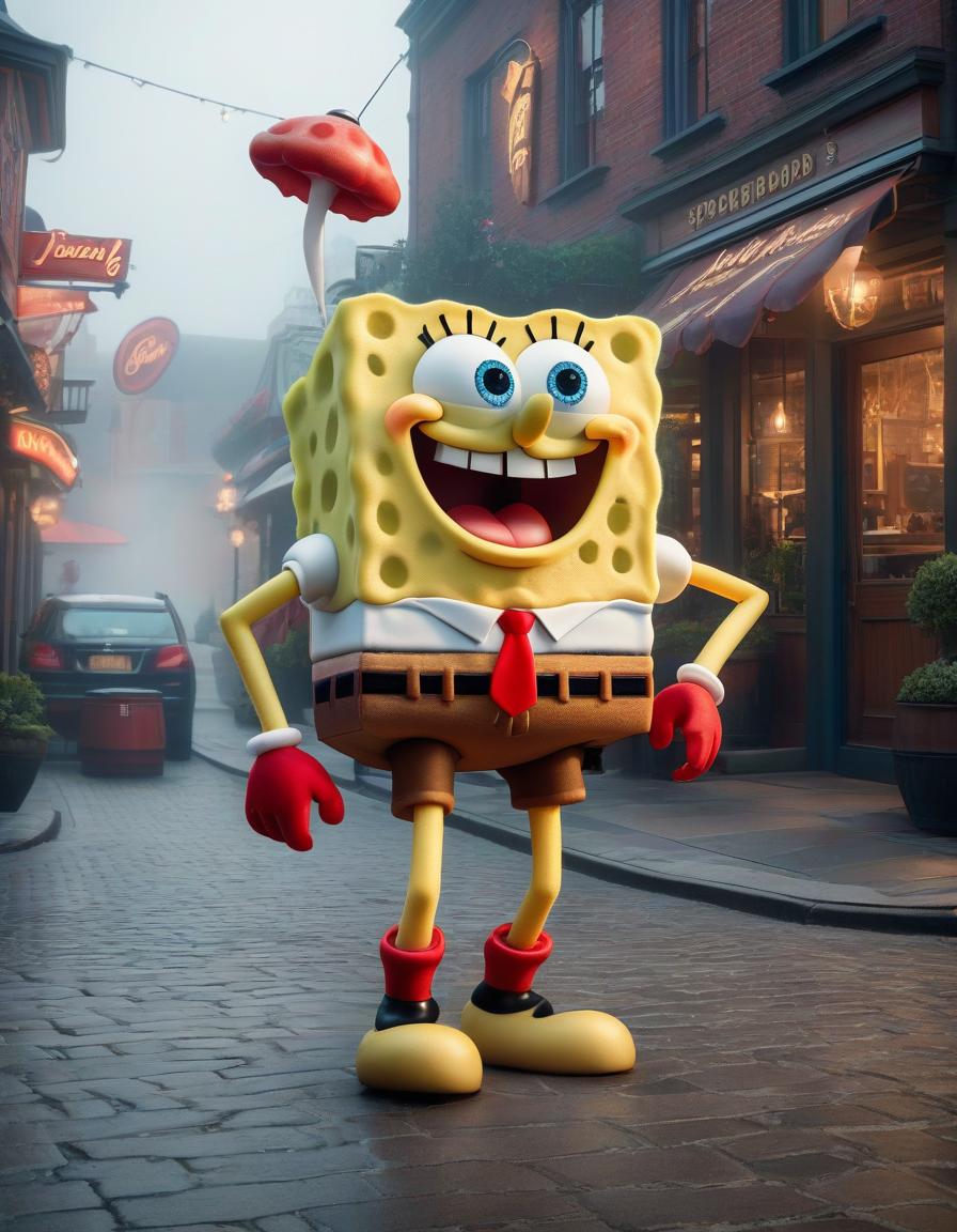  Spongebob on the background of krastikrabs restaurant, pixar style hyperrealistic, full body, detailed clothing, highly detailed, cinematic lighting, stunningly beautiful, intricate, sharp focus, f/1. 8, 85mm, (centered image composition), (professionally color graded), ((bright soft diffused light)), volumetric fog, trending on instagram, trending on tumblr, HDR 4K, 8K