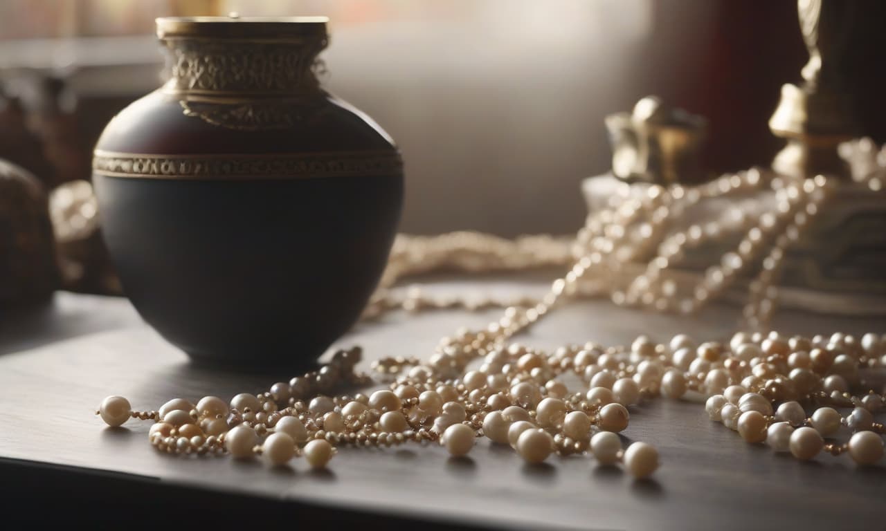  cinematic film still Black background, white table with adornments, on the table pearls, on the table a glass filled with pearls, in the air sparkles of light, cinematic light . shallow depth of field, vignette, highly detailed, high budget, bokeh, cinemascope, moody, epic, gorgeous, film grain, grainy hyperrealistic, full body, detailed clothing, highly detailed, cinematic lighting, stunningly beautiful, intricate, sharp focus, f/1. 8, 85mm, (centered image composition), (professionally color graded), ((bright soft diffused light)), volumetric fog, trending on instagram, trending on tumblr, HDR 4K, 8K