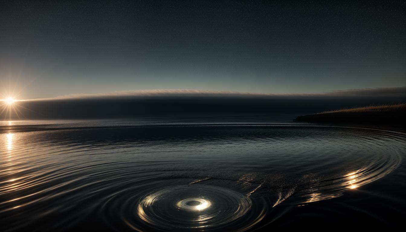  cinematic, aesthetic, Echoing sound waves emanating from a central point, waves depicted as ripples in water, radiating outwards in concentric circles, resonance, impact, social vibrations, 4k, HDR, lens flare