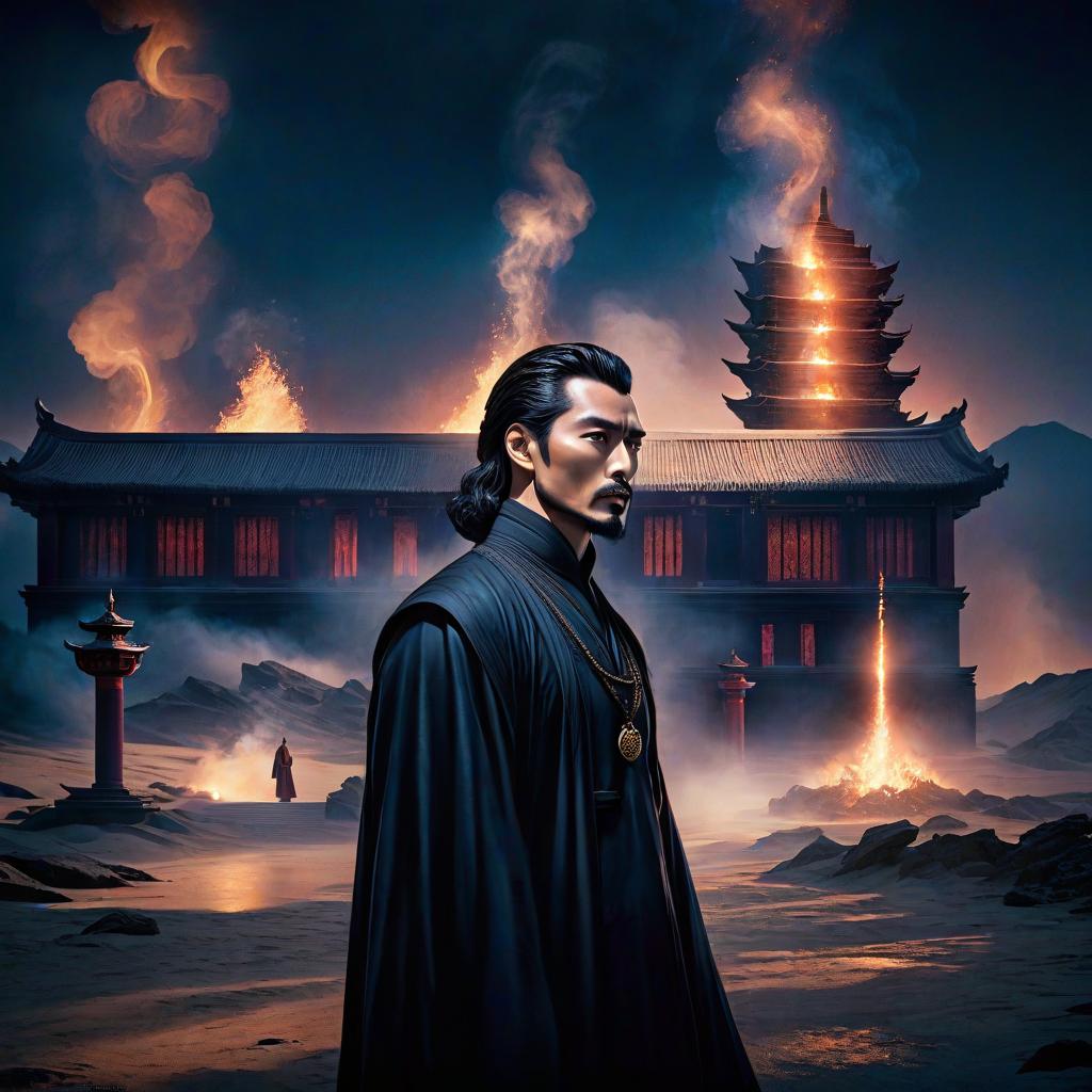  a man standing in front of a building with smoke coming out of it, scene from dune 2 0 2 1 movie, taoist temples and monks, dark saturated colors, promotion artwork, dark priest, her hair is on fire, background ( dark smoke ), dark waters, unbroken hyperrealistic, full body, detailed clothing, highly detailed, cinematic lighting, stunningly beautiful, intricate, sharp focus, f/1. 8, 85mm, (centered image composition), (professionally color graded), ((bright soft diffused light)), volumetric fog, trending on instagram, trending on tumblr, HDR 4K, 8K