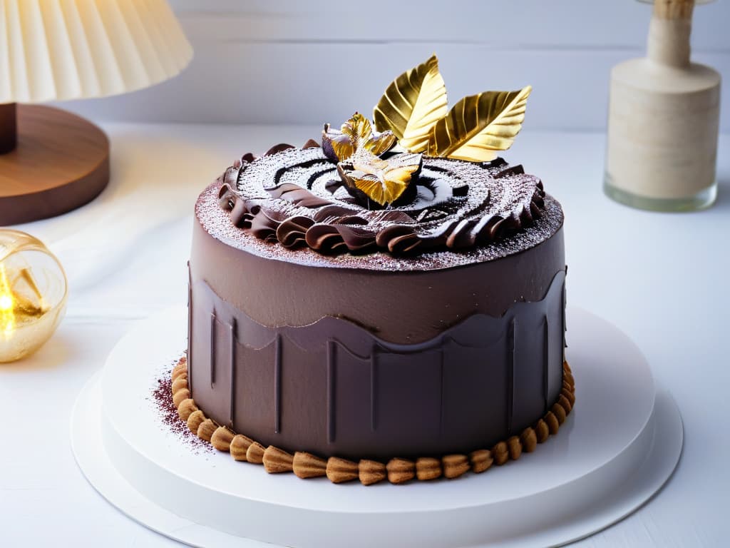  An ultradetailed image of a decadent triplelayered chocolate cake with intricate gold leaf decorations, topped with a generous dusting of maca powder and surrounded by vibrant purple Peruvian maca roots. The cake sits on a sleek marble plinth, exuding an air of sophistication and indulgence. The lighting is soft but highlights the rich colors and textures of the dessert, making it the focal point of the image. hyperrealistic, full body, detailed clothing, highly detailed, cinematic lighting, stunningly beautiful, intricate, sharp focus, f/1. 8, 85mm, (centered image composition), (professionally color graded), ((bright soft diffused light)), volumetric fog, trending on instagram, trending on tumblr, HDR 4K, 8K