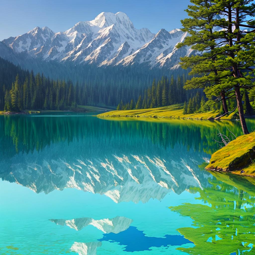  as a painting, Convey the serene majesty of towering mountains reflected in the crystal-clear waters of a tranquil alpine lake, using your unique artistic vision to evoke a sense of awe and tranquility.