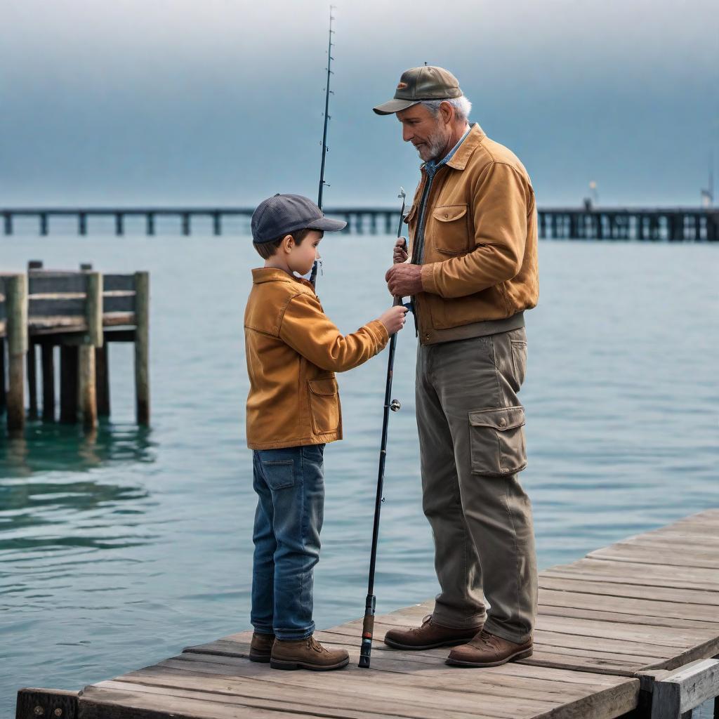  A tender scene of a father with his young son fishing for the first time off the pier. The father is showing his son how to hold the fishing rod, both of them are looking at the water with hopeful expressions. It's a clear, sunny day, and they are standing on a wooden pier with the calm blue sea stretching out before them. A few seagulls are flying by, and there is a small bucket beside them for the fish they catch. hyperrealistic, full body, detailed clothing, highly detailed, cinematic lighting, stunningly beautiful, intricate, sharp focus, f/1. 8, 85mm, (centered image composition), (professionally color graded), ((bright soft diffused light)), volumetric fog, trending on instagram, trending on tumblr, HDR 4K, 8K