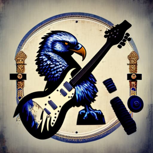 estilovintedois I want a image:1 guitar, 2 Dumbells near the guitar, 2 sword and a one shield more 1 eagle behind image