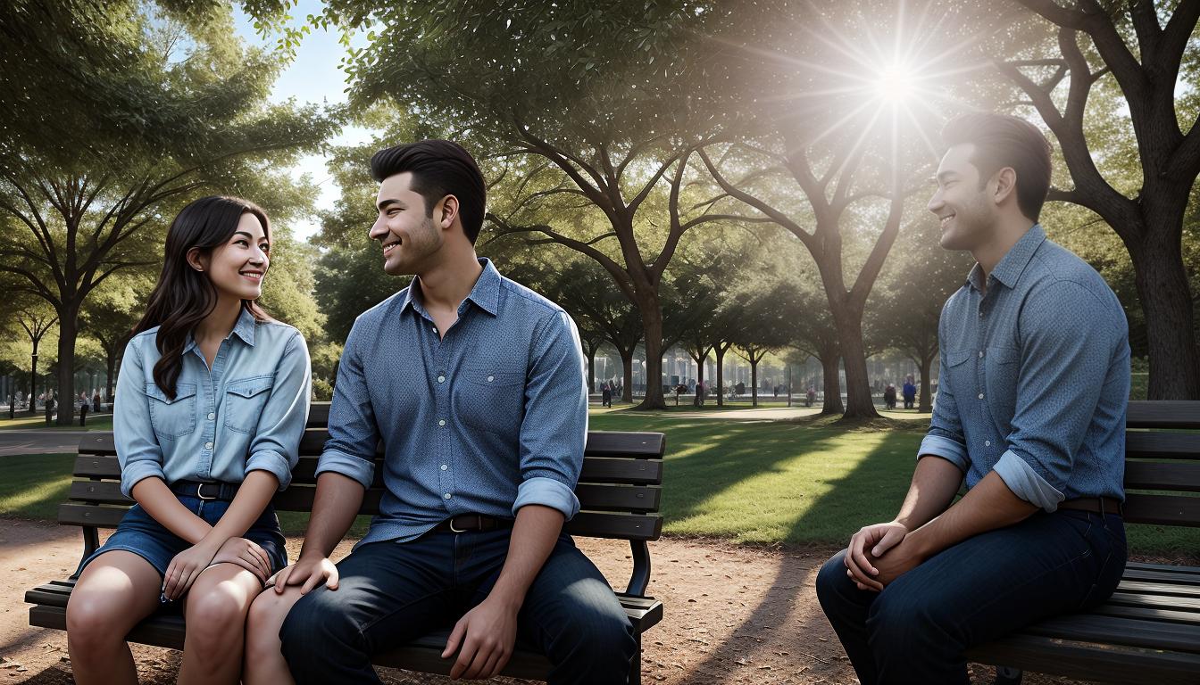  digital illustration, Man and woman sitting on a park bench, woman animatedly discussing with hand gestures, man leaning in, engaging facial expression, sunlight filtering through trees, participatory vibe, looking at viewer, dynamic pose, (intricate details, masterpiece, best quality)