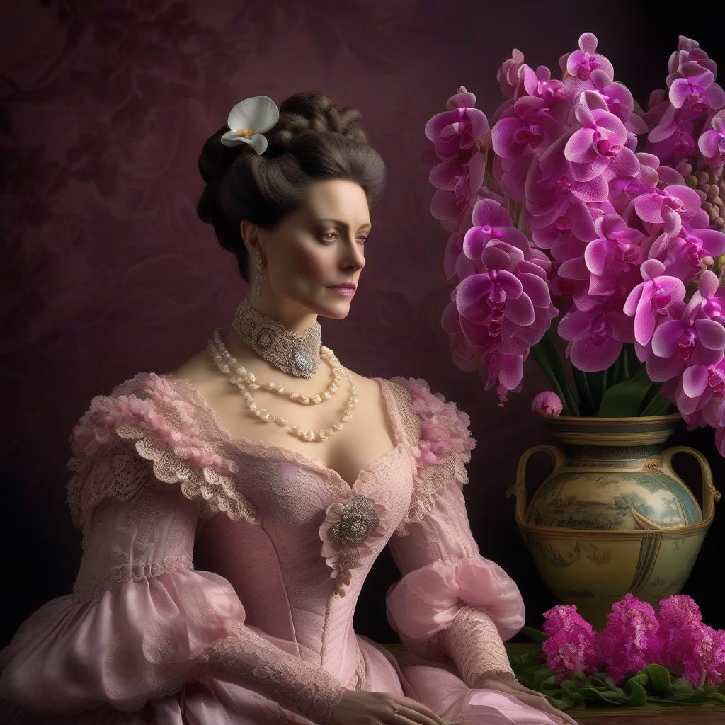  Victorian Beauty in Grief a beautiful dress with a bouquet of auriculas 1870s the bouquet on the table is orchids, pink. a dress made of pink orchids. hyperrealistic, full body, detailed clothing, highly detailed, cinematic lighting, stunningly beautiful, intricate, sharp focus, f/1. 8, 85mm, (centered image composition), (professionally color graded), ((bright soft diffused light)), volumetric fog, trending on instagram, trending on tumblr, HDR 4K, 8K