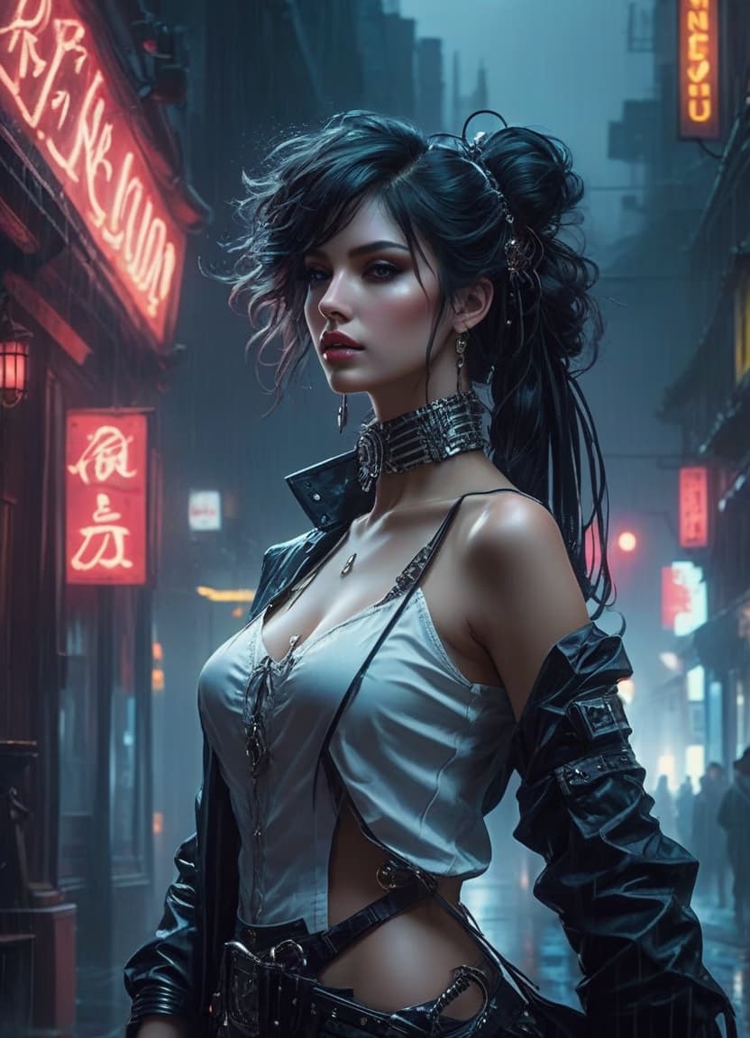  neon noir White, and black, young woman, arrogant, stuck up, sick of everything, tired of you, Style by Harrison Fisher and Brian Froud and Jeremy Mann and Alexandre Cabanel and Giovanni Boldini and Keith Parkinson . cyberpunk, dark, rainy streets, neon signs, high contrast, low light, vibrant, highly detailed hyperrealistic, full body, detailed clothing, highly detailed, cinematic lighting, stunningly beautiful, intricate, sharp focus, f/1. 8, 85mm, (centered image composition), (professionally color graded), ((bright soft diffused light)), volumetric fog, trending on instagram, trending on tumblr, HDR 4K, 8K