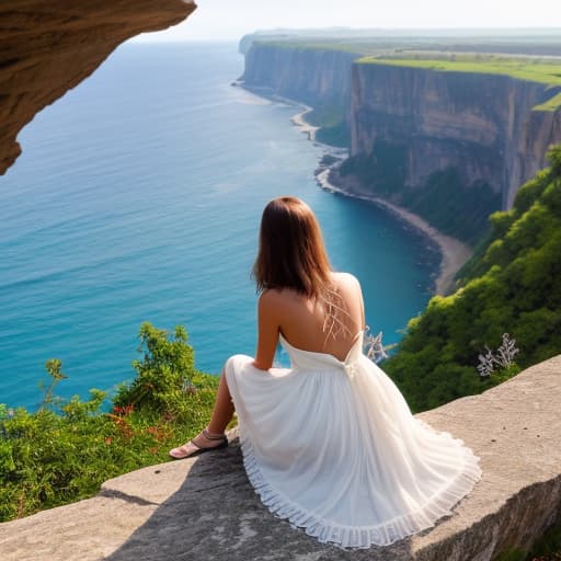  The back of a woman in a pretty dress sitting on a cliffside with beautiful view in front of her