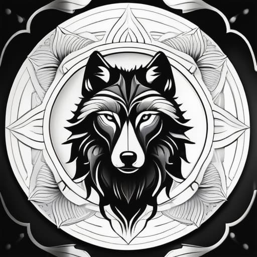  adult coloring book. wolf mandala style. black and white. lots of negative space. hyperrealistic, full body, detailed clothing, highly detailed, cinematic lighting, stunningly beautiful, intricate, sharp focus, f/1. 8, 85mm, (centered image composition), (professionally color graded), ((bright soft diffused light)), volumetric fog, trending on instagram, trending on tumblr, HDR 4K, 8K