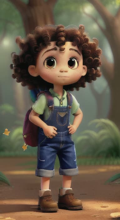  {The tree with a twinkling eye, while its leaves gently rustle., Riley, a curious with big brown eyes and curly hair, wearing overalls and carrying a small backpack. Their friend, Skye, a bluebird with shiny feathers.