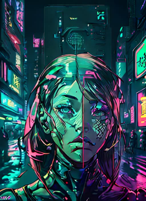  ultra high definition, (extremely detailed characters), (hyper realistic textures), advanced cybernetic enhancements, (neon drenched urban backdrop), (dramatic contrast lighting), (vibrant color palette), (meticulously designed outfits), (futuristic accessories), (dynamic poses), (expressive facial features), (4K ultra HD clarity), (8K resolution), (depth of field effect), (recognizable face), (bokeh lighting effects), (professional composition), (artistic color grading), (soft shadowing), (ambient occlusion), (ray tracing reflections), (surreal atmosphere), (immersive environment), (signature cyberpunk elements), (innovative design), (cutting edge fashion), (photo realistic skin tones), (detailed texture mapping), (sophisticated l