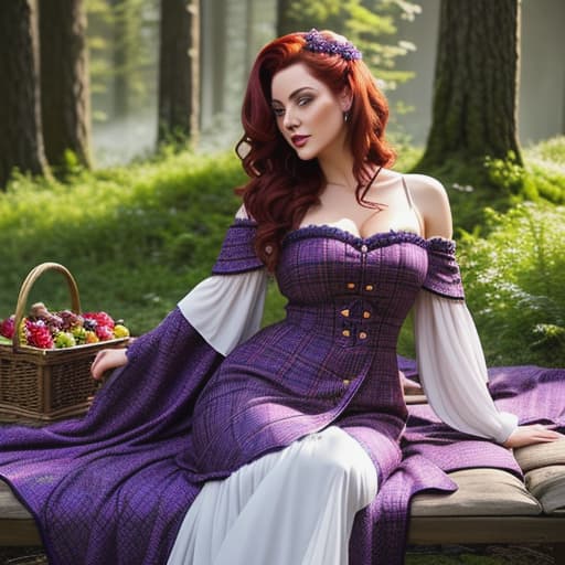  /send image of Amythyst, a woman with voluminous dark red hair in a loose gibson style wearing a purple tartan victorian gown while a picnic blanketAmythyst, wearing a stunning lilac Victorian dress adorned with intricate purple tartan patterns, sits on a soft plaid blanket in the serene woods surrounded by tall trees and the peaceful sound of a nearby pond. Her hair - wildly magnificent with voluminous dark red curls styled in a loose Gibson bun - cascades around her head like an ethereal halo. Feannag, wearing nothing but his kilt that leaves his muscular bare to her curious touch, watches as she plays with it while enjoying their picnic meal out on the blanket before them. He occasionally steals glances hyperrealistic, full body, detailed clothing, highly detailed, cinematic lighting, stunningly beautiful, intricate, sharp focus, f/1. 8, 85mm, (centered image composition), (professionally color graded), ((bright soft diffused light)), volumetric fog, trending on instagram, trending on tumblr, HDR 4K, 8K