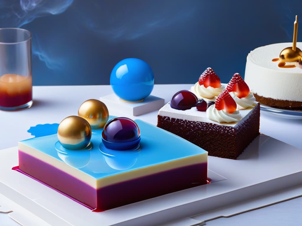  In the image, a sophisticated dessert table is displayed, showcasing an array of stunning molecular gastronomy desserts that change color. One dessert features a delicate sphere that transitions from vibrant blue to deep purple, emitting a soft glow. Another dessert on the table is a colorshifting parfait, starting in a rich red and transforming into a golden hue. The background is a sleek, modern kitchen setting with stainless steel countertops, adding to the professional and inspirational tone of the image. The lighting highlights the intricate details of each dessert, creating a photorealistic and captivating visual for the readers of the article. hyperrealistic, full body, detailed clothing, highly detailed, cinematic lighting, stunningly beautiful, intricate, sharp focus, f/1. 8, 85mm, (centered image composition), (professionally color graded), ((bright soft diffused light)), volumetric fog, trending on instagram, trending on tumblr, HDR 4K, 8K