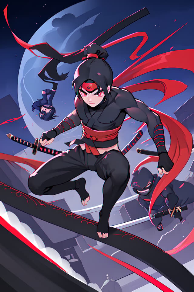  Ninja, acrobat, dynamism, high angle, ninja, beautiful boy, acrobatic, ninjutsu, sword, tense feeling, night, night, detail