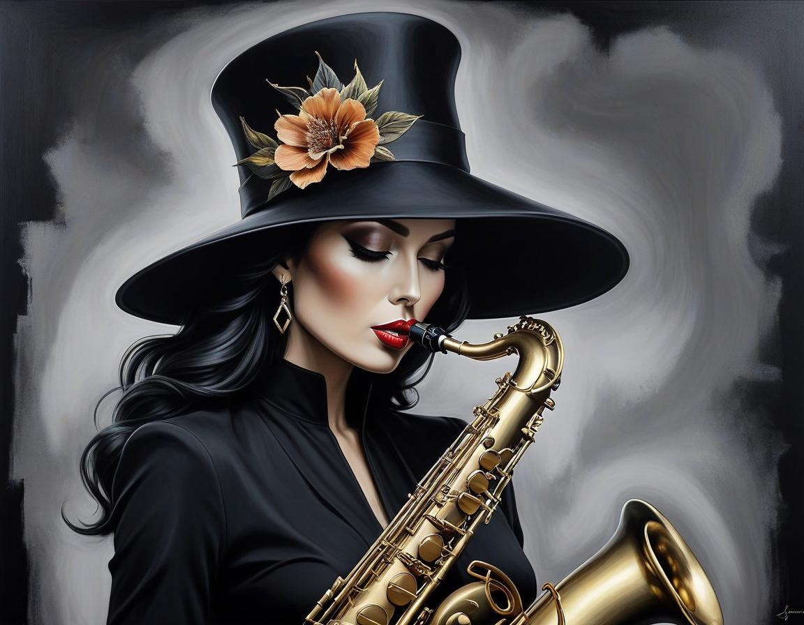  surrealist art An exquisite depiction of woman in a black hat playing the saxophone, with Louis Jover and Drew Darcy inspired style. The artwork is highly detailed, elegant, and intricate, featuring dynamic lighting and imperial colors. It is a stunning piece with a surreal and ultra realistic touch, created using oil on canvas with a focus on sharp details . dreamlike, mysterious, provocative, symbolic, intricate, detailed hyperrealistic, full body, detailed clothing, highly detailed, cinematic lighting, stunningly beautiful, intricate, sharp focus, f/1. 8, 85mm, (centered image composition), (professionally color graded), ((bright soft diffused light)), volumetric fog, trending on instagram, trending on tumblr, HDR 4K, 8K